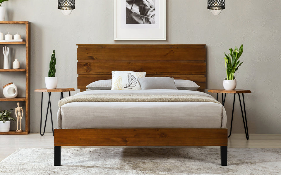 Mid-Century Modern Solid Wood Bed Frame Full Size Platform Bed with Three-Piece Headboard Design, No Box Spring Needed, Brown