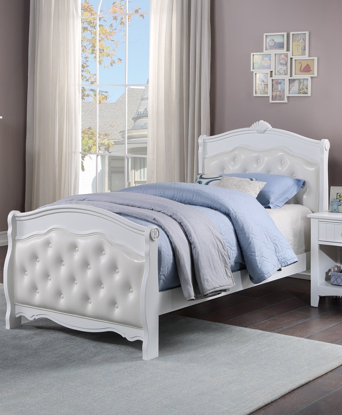 White Twin Size Bed Youth Bedroom Furniture White Faux Leather Headboard Footboard Plywood 1pc Bedframe