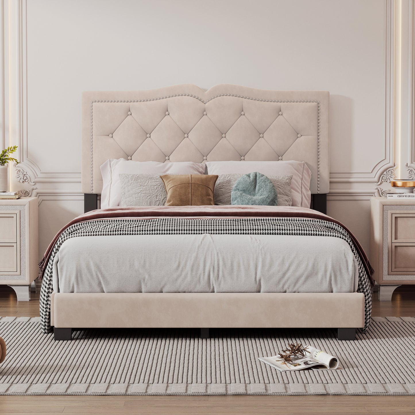 Full Size Upholstered Bed Frame with Rivet Design, Modern Velvet Platform Bed with Tufted Headboard,Beige