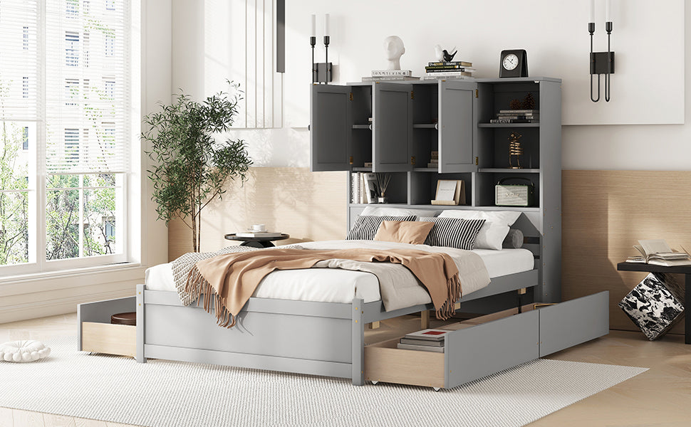 Full Size Platform Bed with Storage Headboard and 4 Drawers, Gray