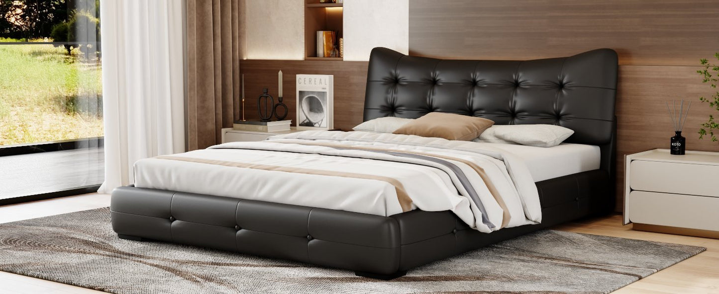 Modern PU Upholstered Queen Bed with Ergonomic Wingback Headboard, No Box Spring Needed, Black