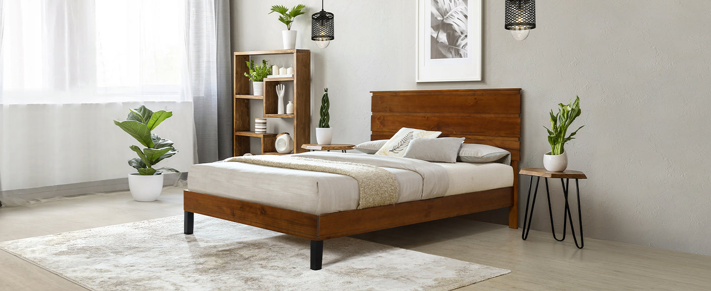 Mid-Century Modern Solid Wood Bed Frame Full Size Platform Bed with Three-Piece Headboard Design, No Box Spring Needed, Brown