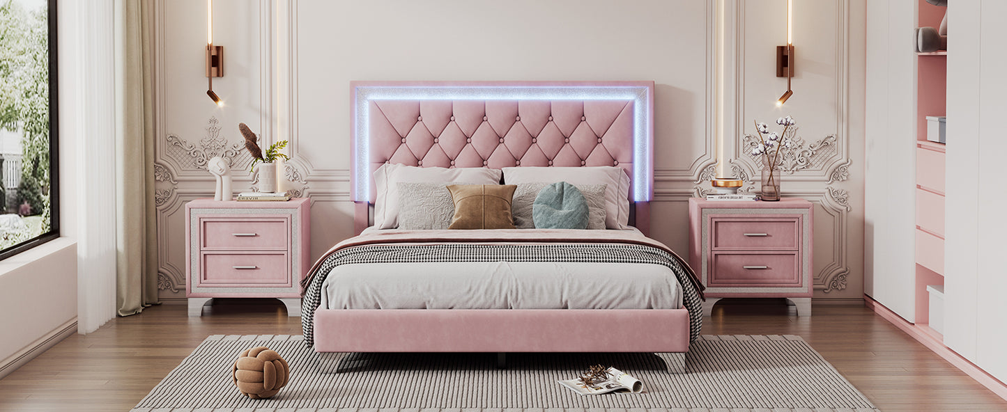 Full Size Upholstered Bed Frame with LED Lights,Modern Velvet Platform Bed with Tufted Headboard,Pink