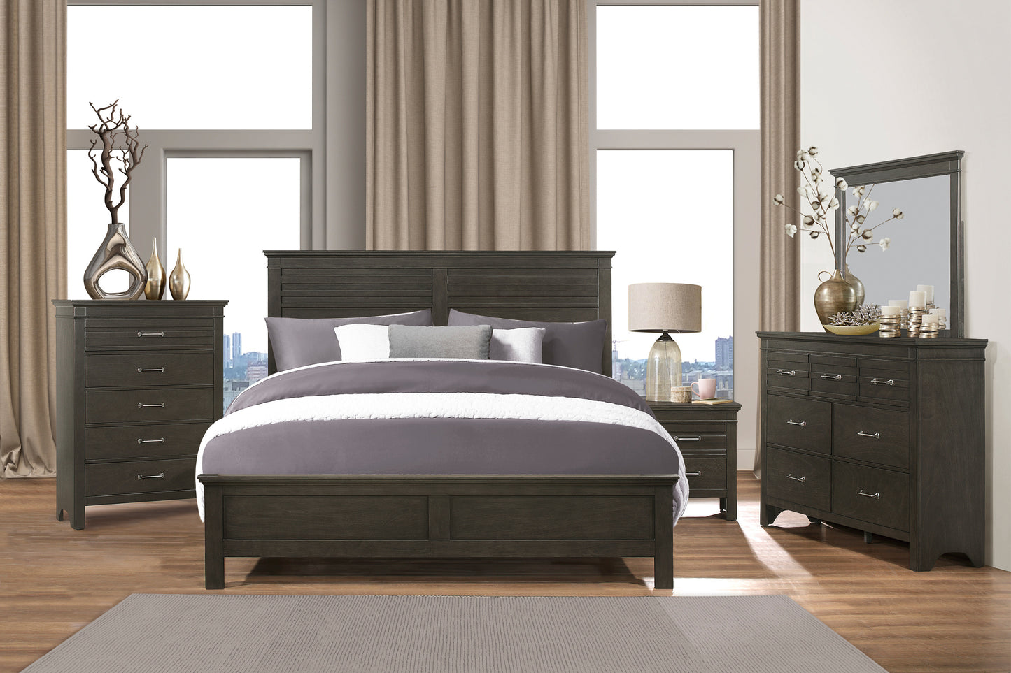 Charcoal Gray Finish Queen Bed 1pc Transitional Style Wooden Bedroom Furniture Panel Bed