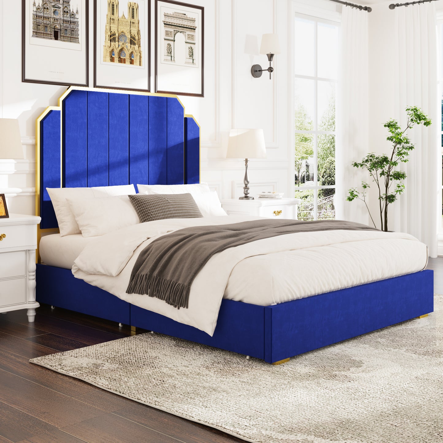 Queen Size Bed Frame and 59.06" Headboard, Upholstered Bed with Golden Plating Trim, Modern Platform Bed No Box Spring Needed, Navy Blue Queen Bed