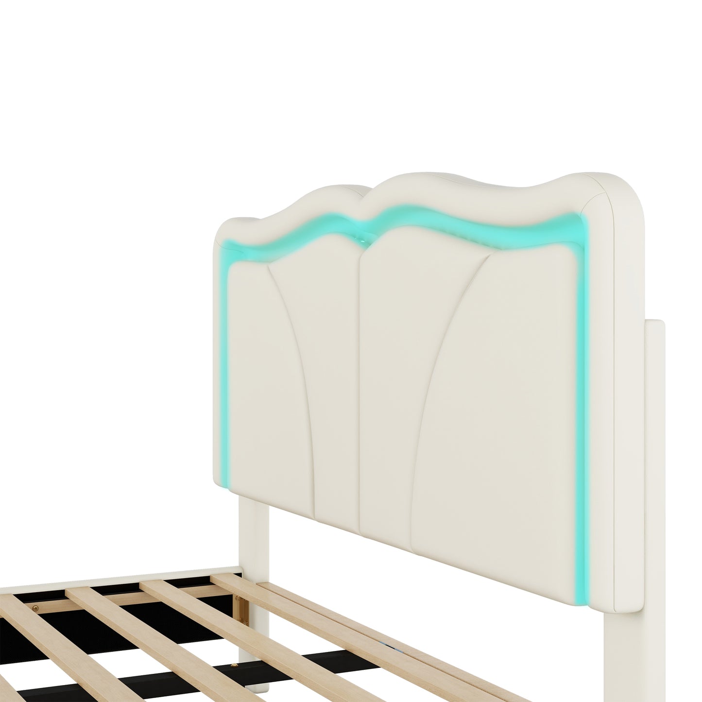 Full Size Upholstered Platform Bed with Curve Shaped and Height-adjustbale Headboard,LED Light Strips,White