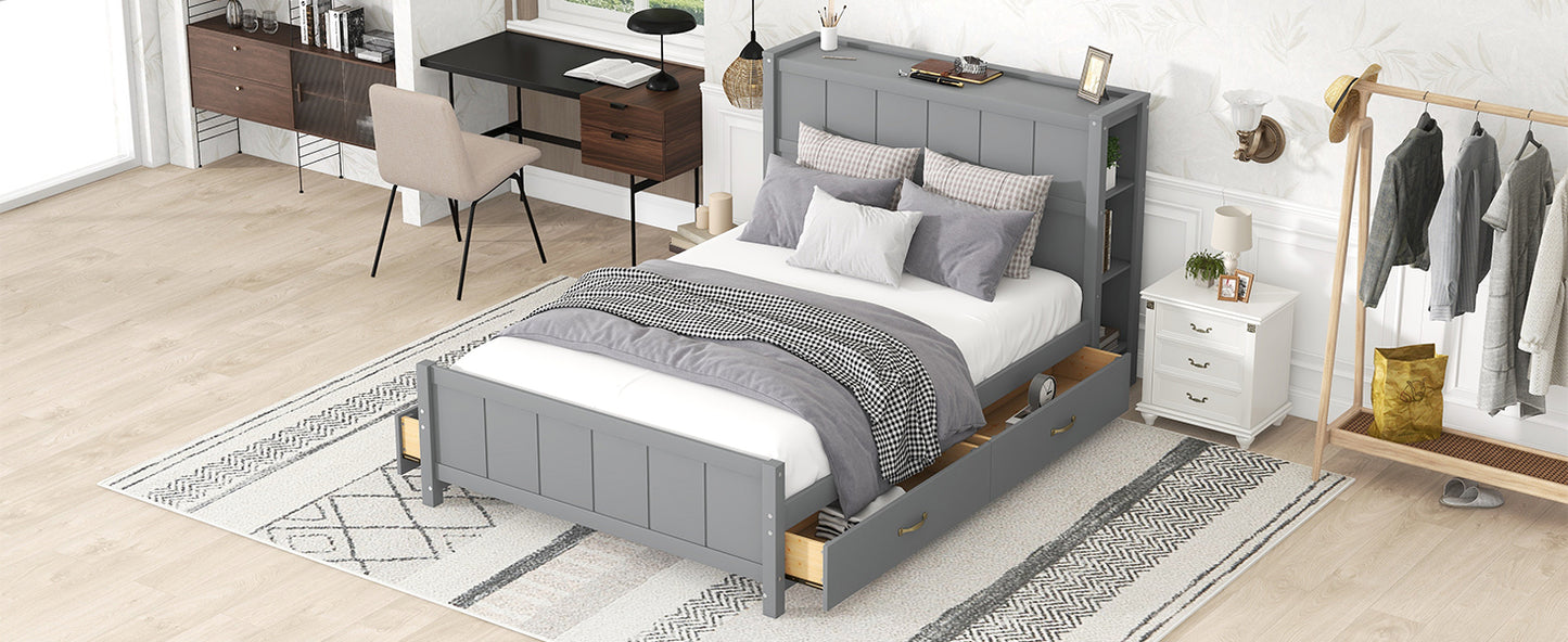 Full Size Platform Bed with Drawers and Storage Shelves, Gray