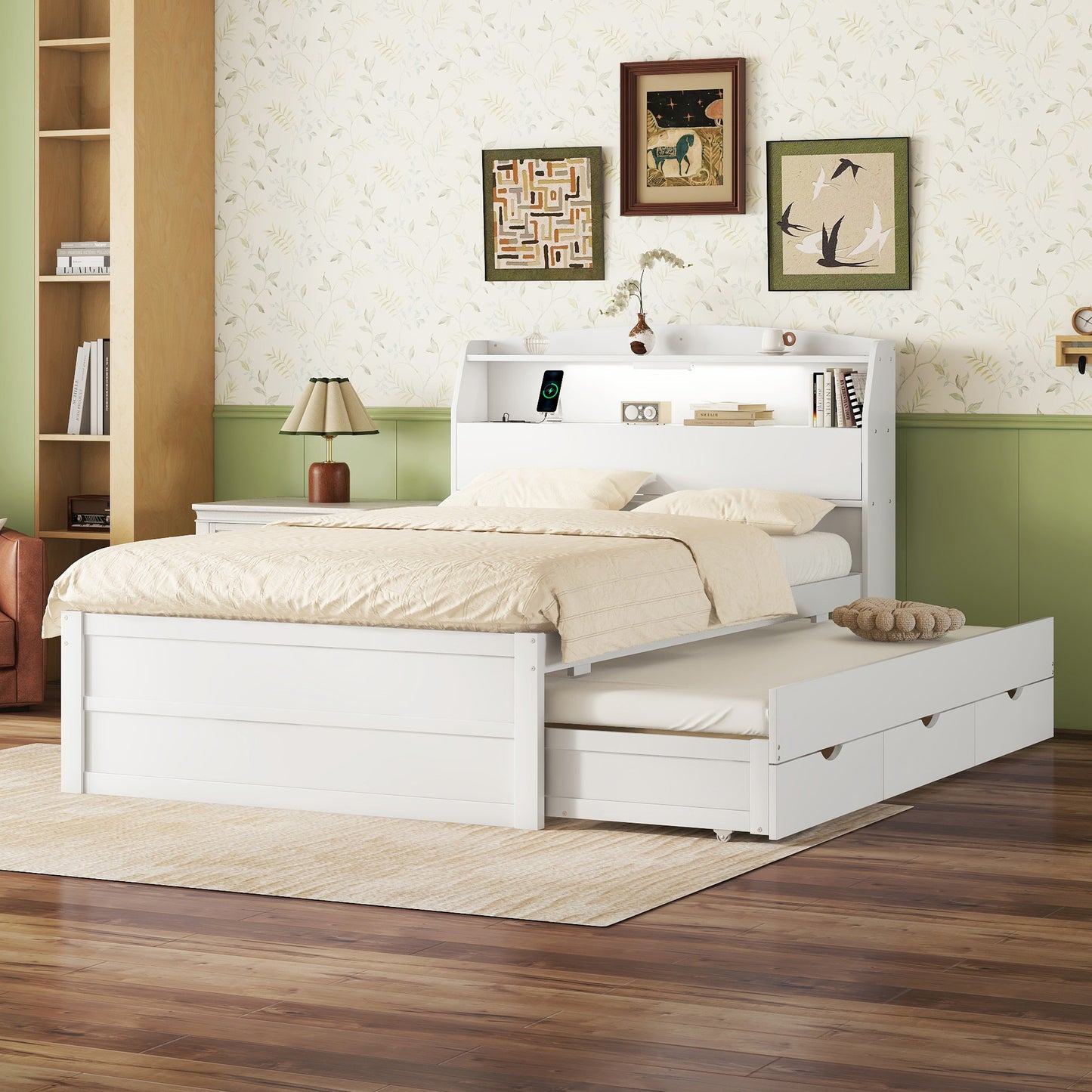 Full Size Wooden LED Platform Bed with Trundle, with Storage Headboard, with Drawers, White