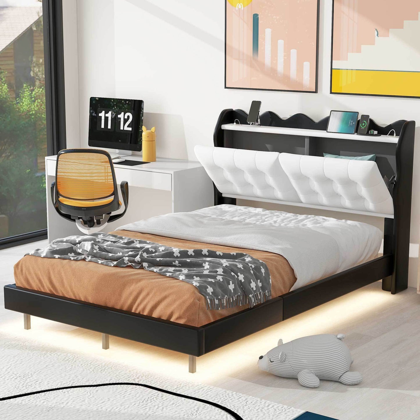 Full Size Upholstery Platform Bed Frame with LED Light Strips and Built-in Storage Space,Black