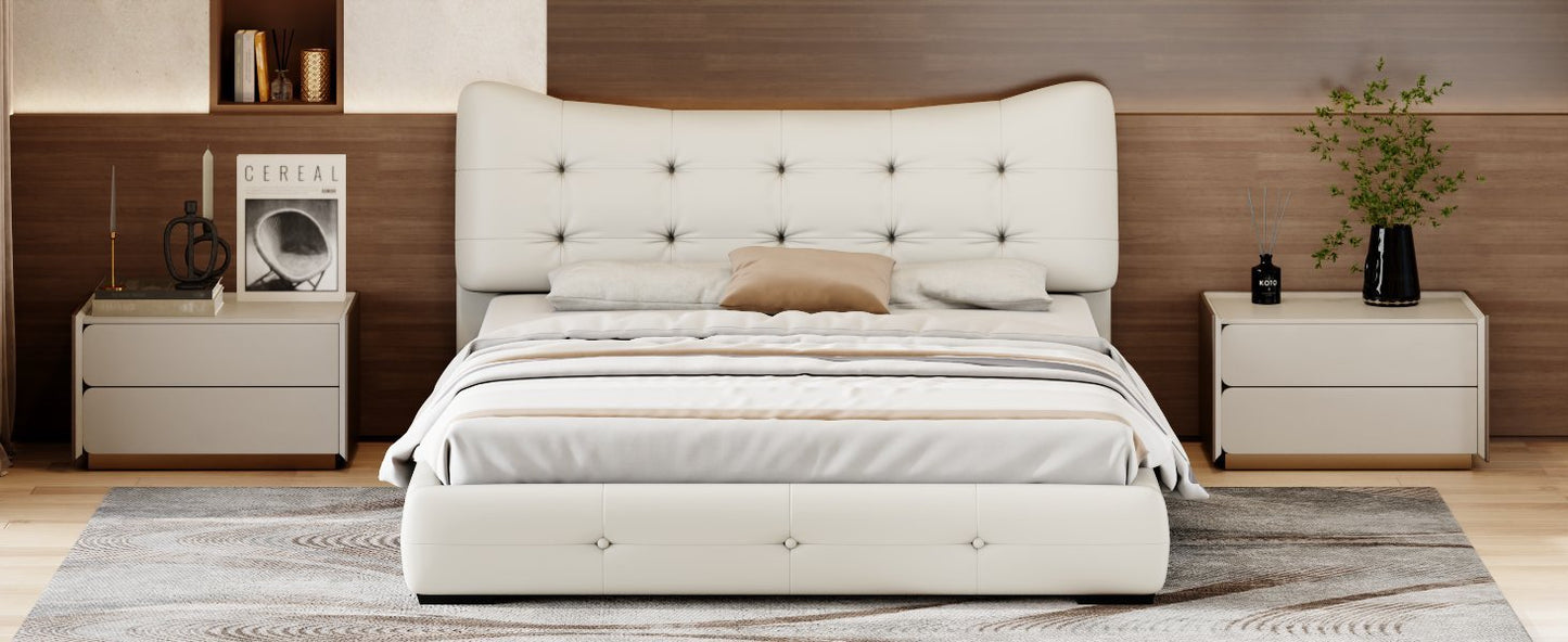 Modern PU Upholstered Queen Bed with Ergonomic Wingback Headboard, No Box Spring Needed, Cream