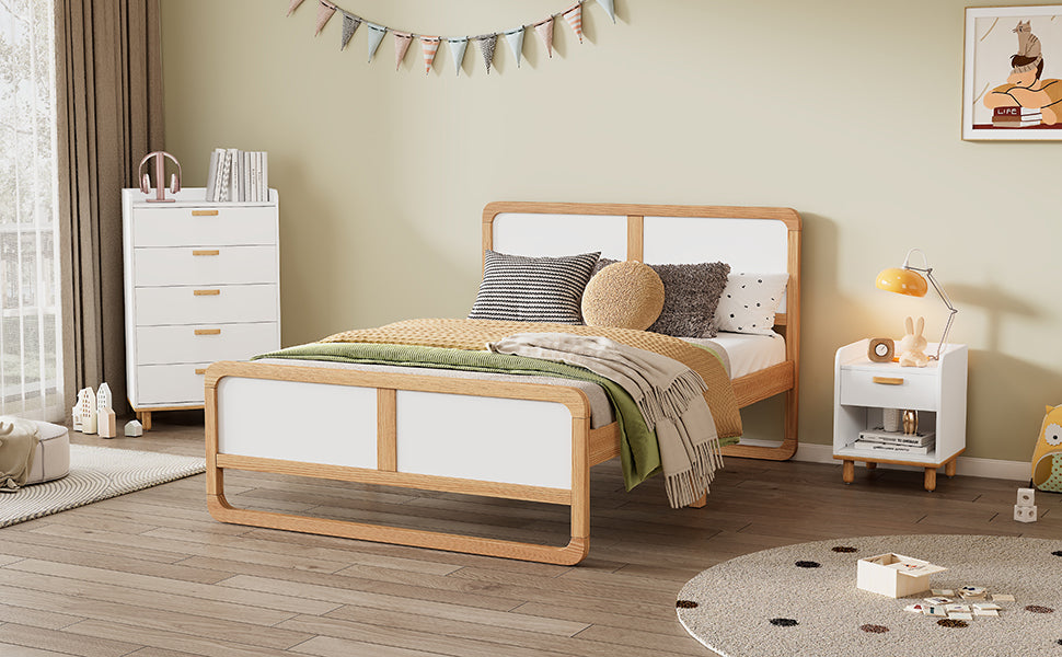 Modern Style Full Size Solid Wood Platform Bed for  Kids, Teens, Adults, No Need Box Spring, Walnut and White