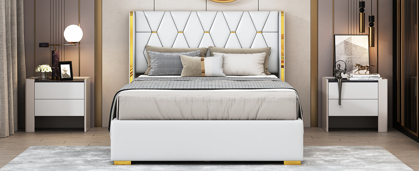 Full Size Upholstered Platform Bed with Metal Strips, Off-white