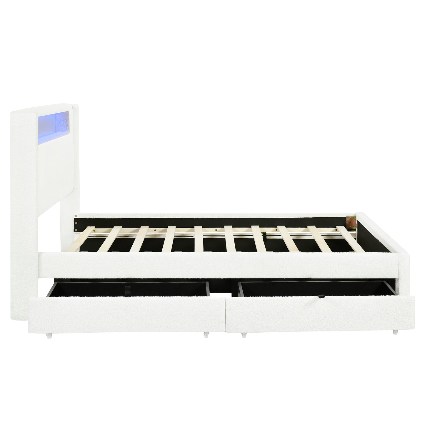 Full Size Upholstered Platform Bed with LED Frame, with Twin  Size Trundle and 2 drawers, Teddy Fleece, White