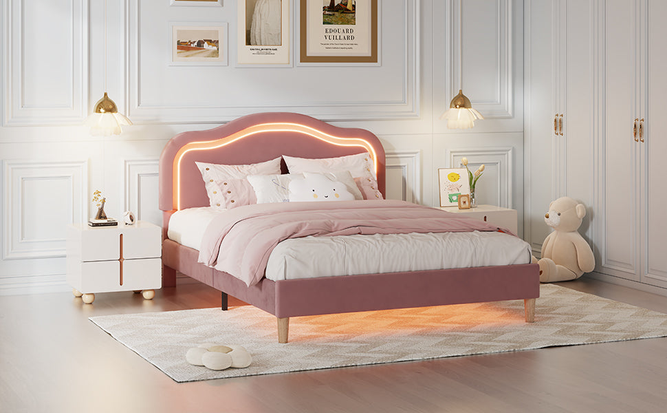 Full Size Velvet Upholstered Smart LED Bed Frame with Adjustable Height Headboard,No Box Spring Needed,Easy Assembly,Pink