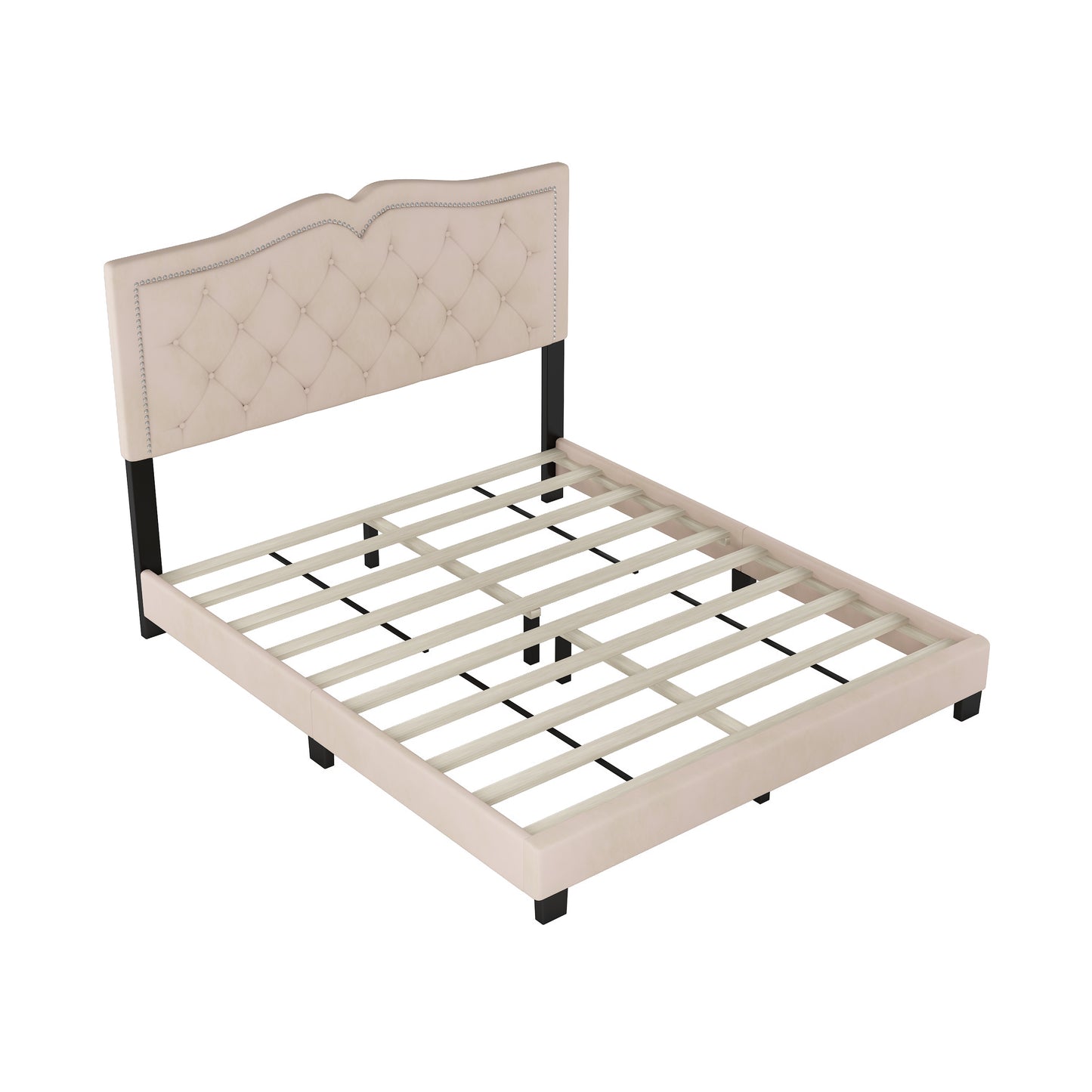 Queen Size Upholstered Bed Frame with Rivet Design, Modern Velvet Platform Bed with Tufted Headboard,Beige