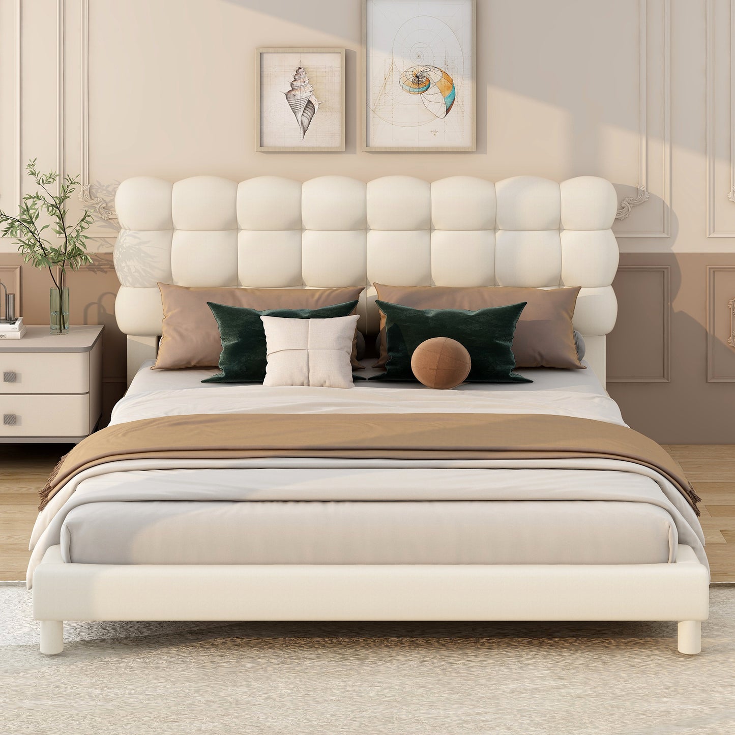 Full Size Upholstered Platform Bed with Soft Headboard,Beige