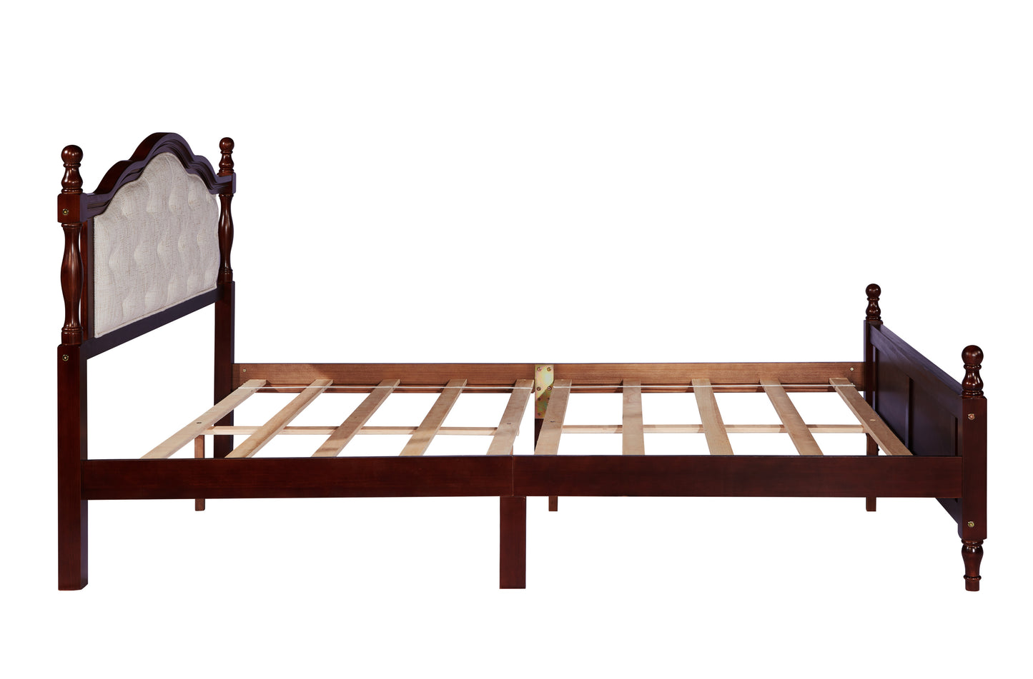 Queen Pine wooden Bed with Upholstered Headboard  and Panel Footboard, with  Two Bed Rail Support Feet and Central Platform Support Feet ,Classic Cherry