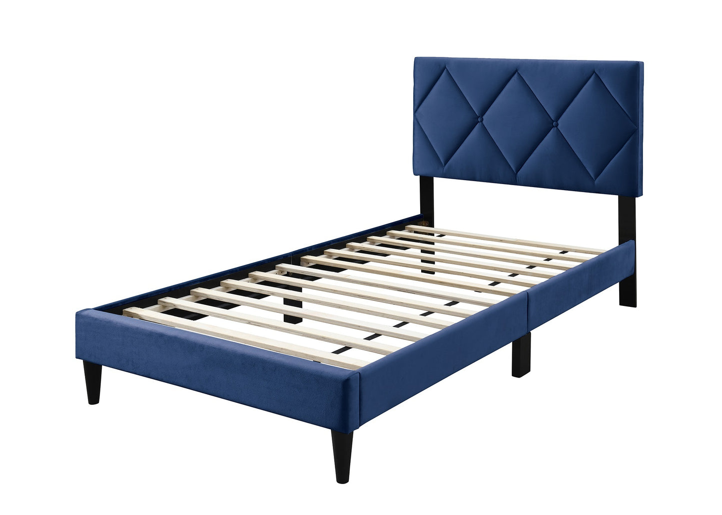 Full Size Bed w Adjustable Headboard 1pc Bedframe, Navy Blue Velvet Upholstered Youth Bedroom Furniture