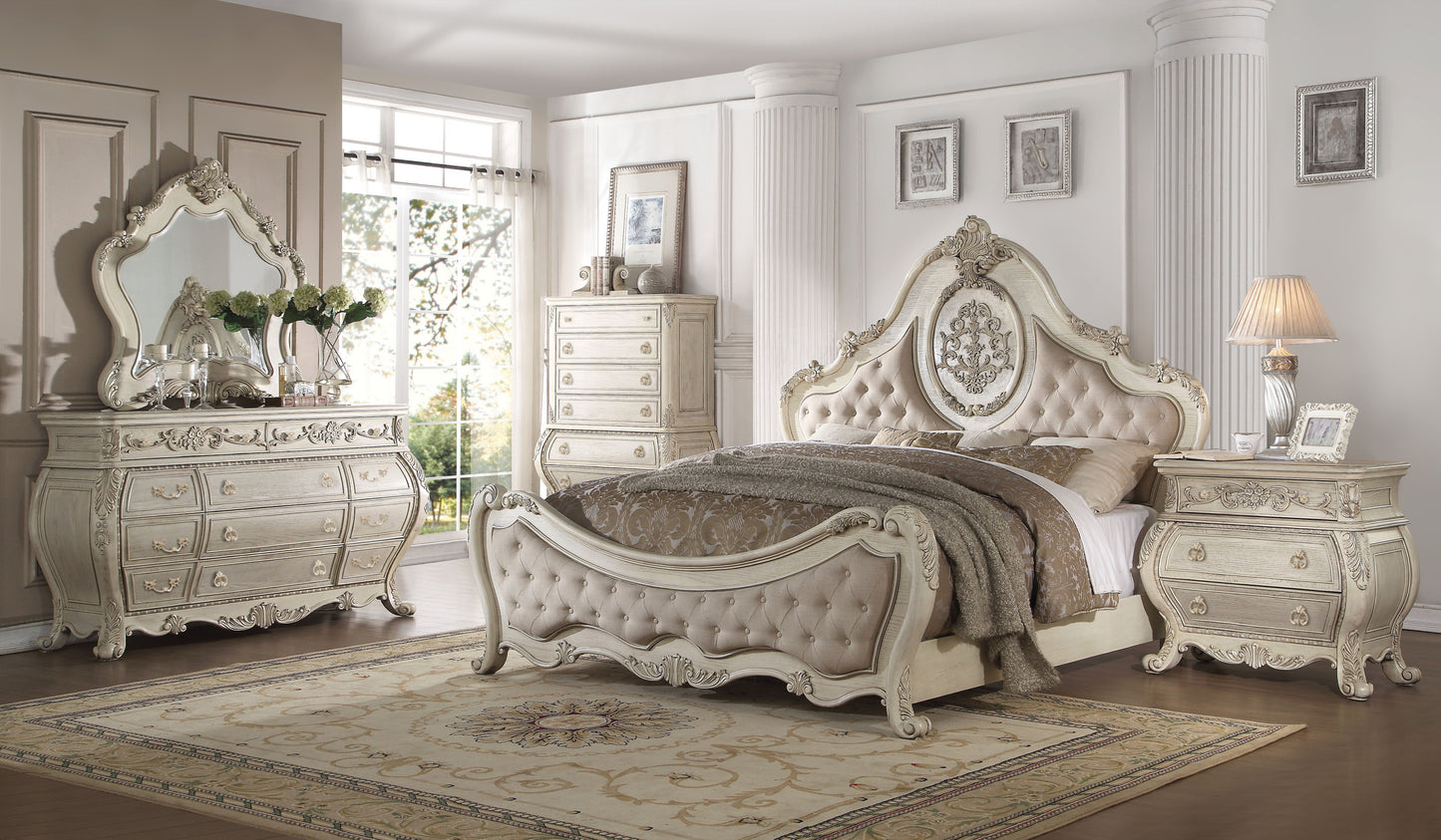 ACME Ragenardus Eastern King Bed in Beige Linen & Antique White 27007EK