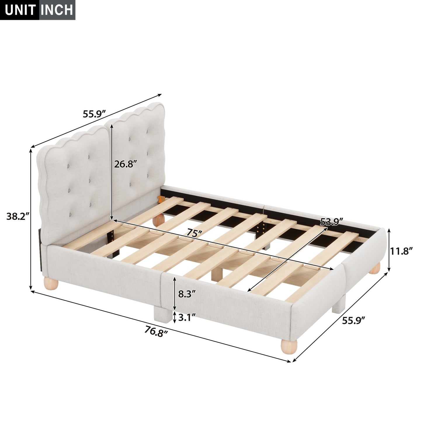 Full Size Upholstered Platform Bed with Support Legs,Beige