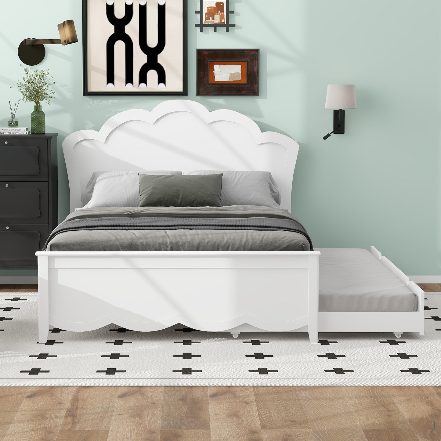 Full Size Wood Platform Bed with Headboard and Twin Size Trundle, White