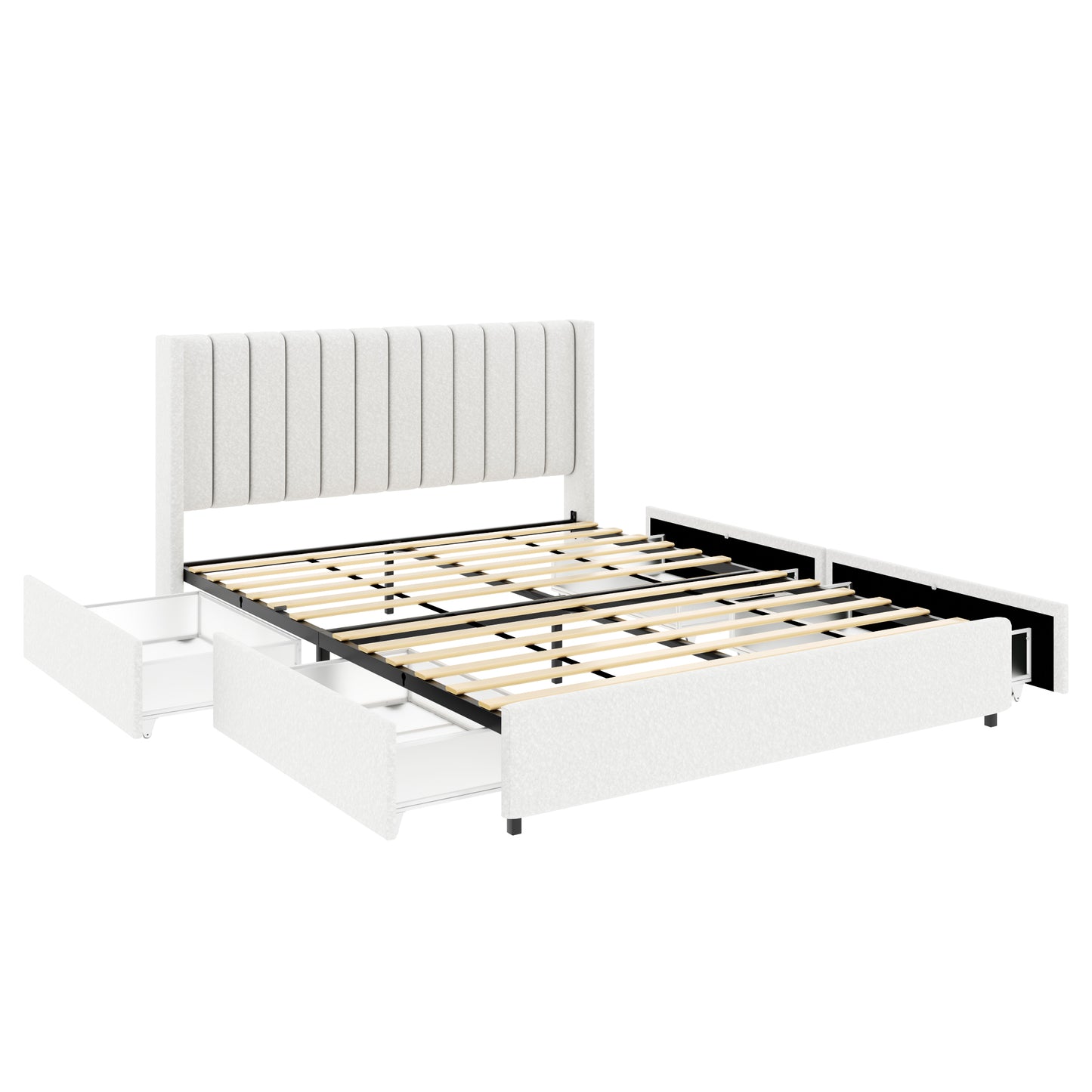 Igual que B083119691 Cama Queen Size Anda tapizada en bouclé color marfil con 4 cajones de almacenamiento patentados, cabecera con mechones, soporte de colchón con listones de madera, no necesita somier