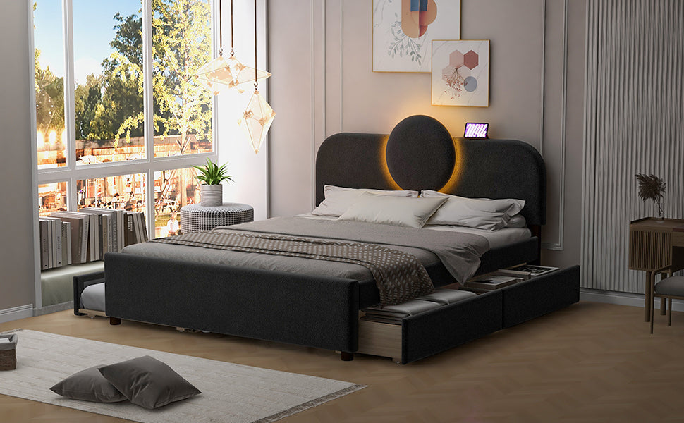 Queen Size Upholstered Platform Bed with Multi-functional Headboard, Trundle and 2 Drawers, Gray