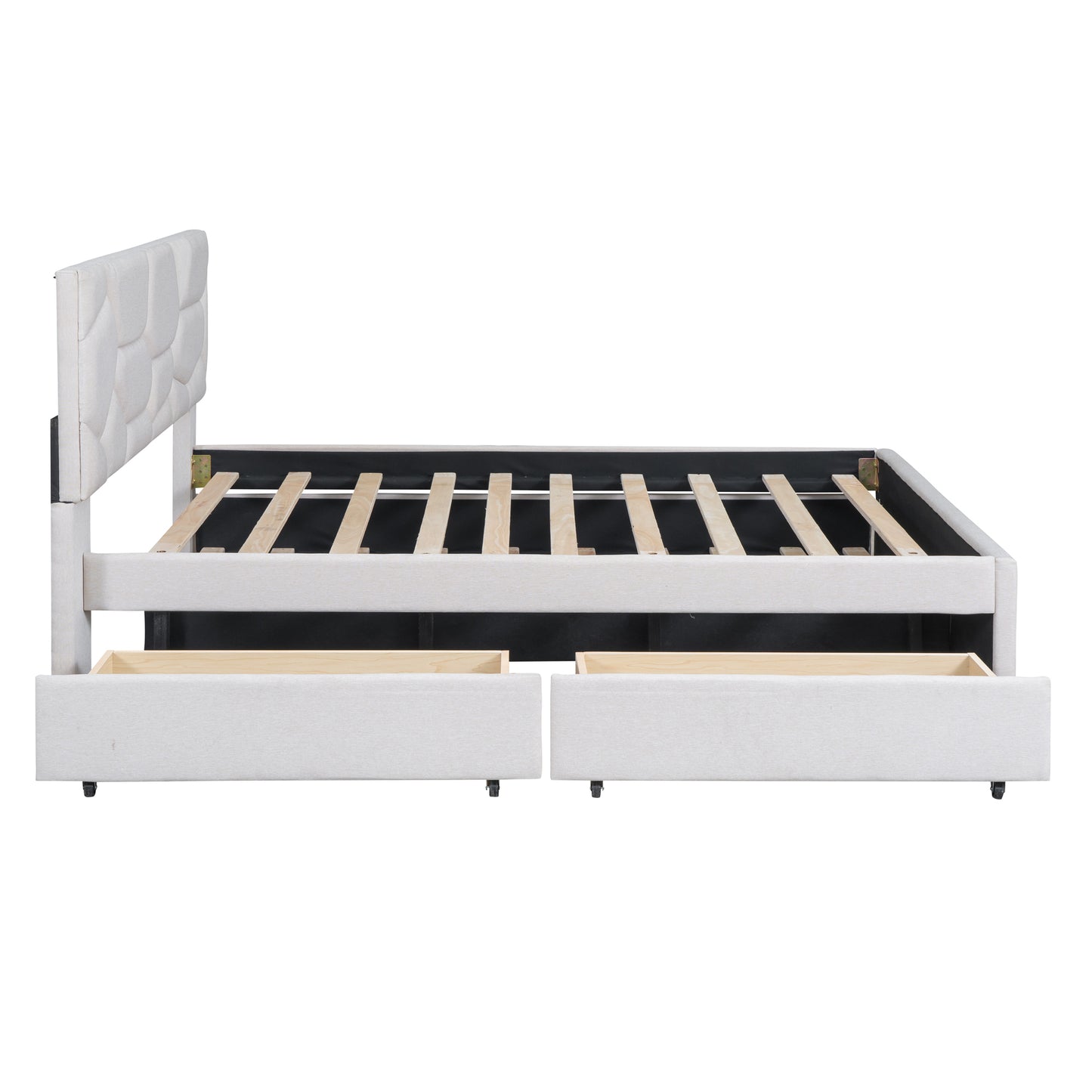 Full Size Upholstered Platform Bed with Brick Pattern Headboard, with Twin Size Trundle and 2 Drawers, Linen Fabric, Beige