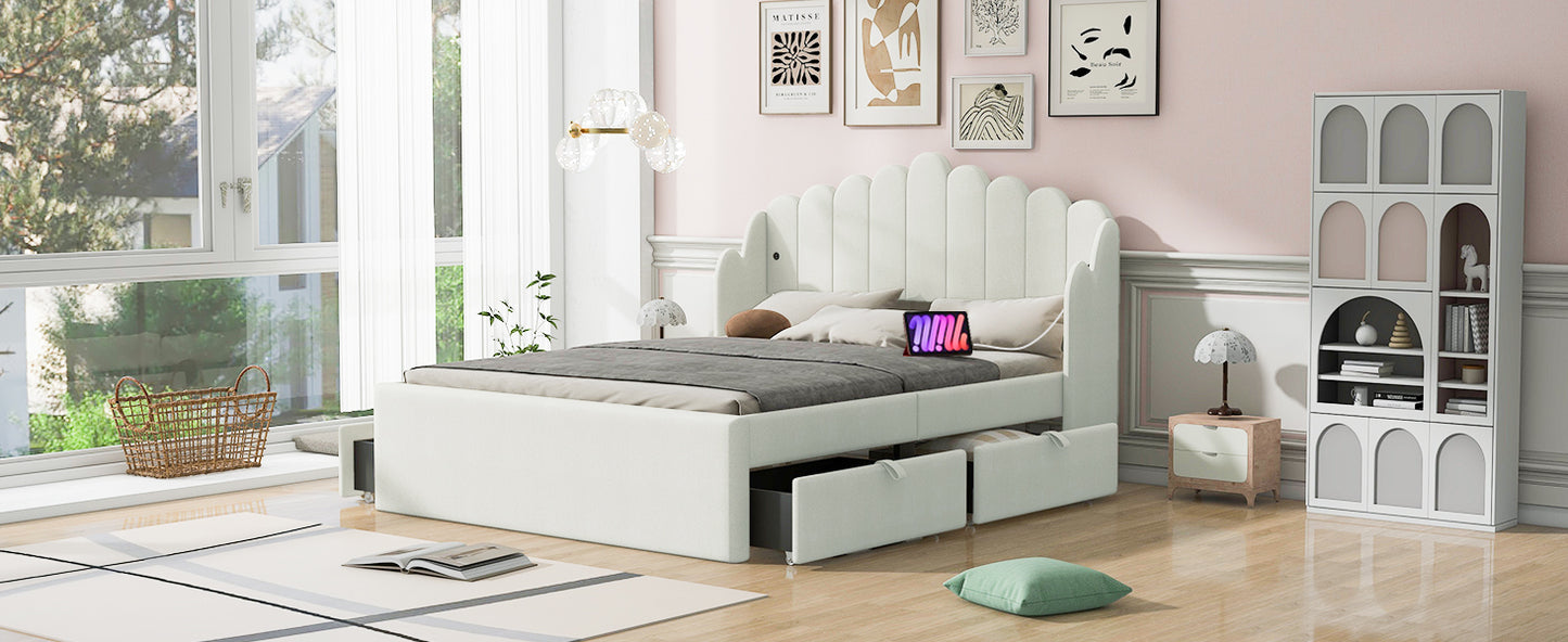 Full Size Upholstered Platform Bed with 4 Drawers and 2 USB, Beige