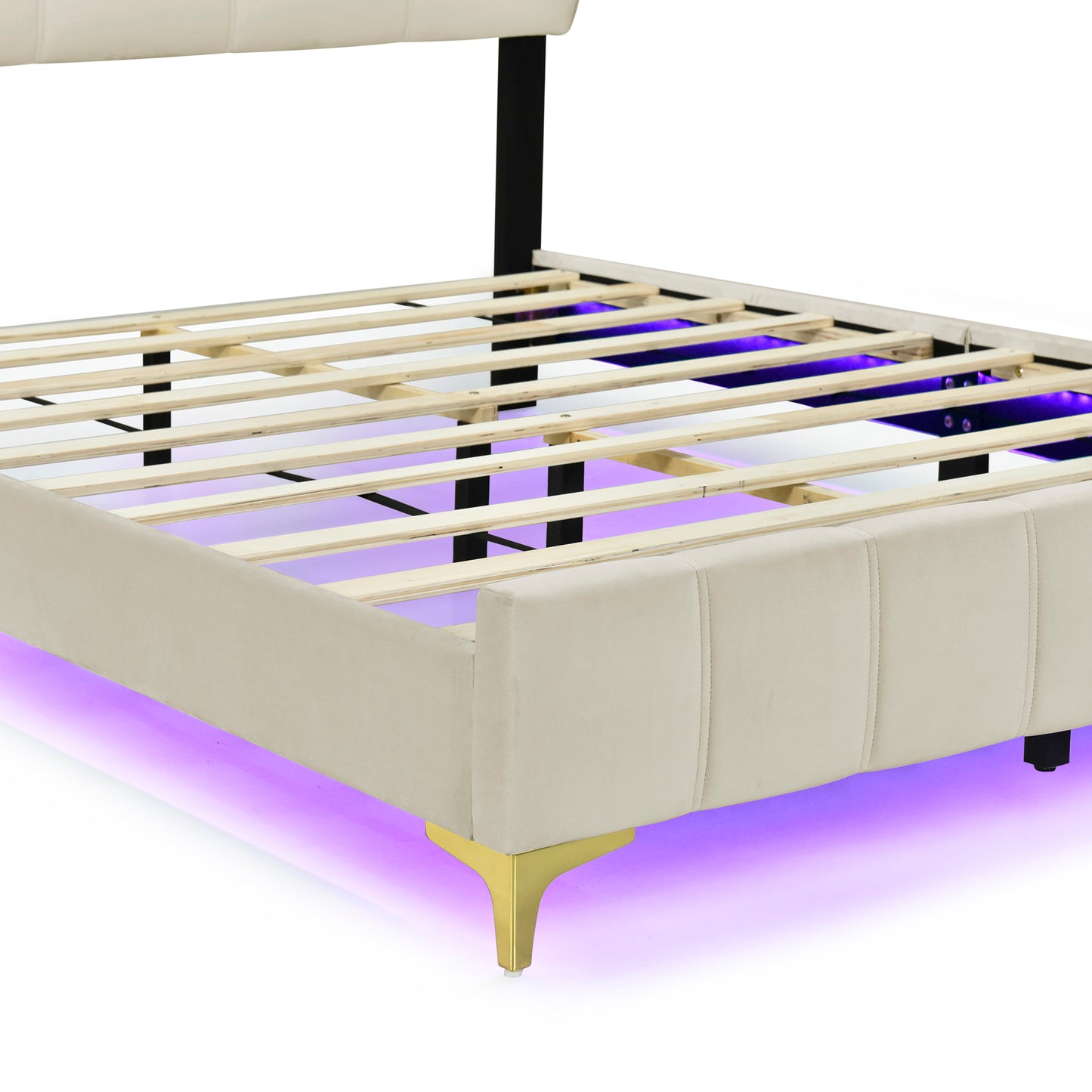 Lit plateforme en velours pleine grandeur avec cadre LED et pieds de lit mentaux élégants, beige