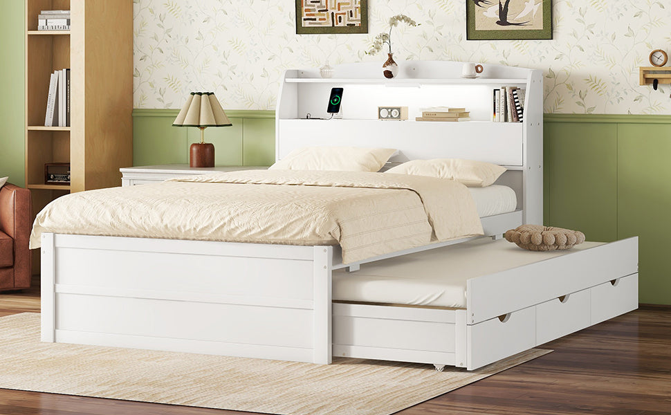 Full Size Wooden LED Platform Bed with Trundle, with Storage Headboard, with Drawers, White