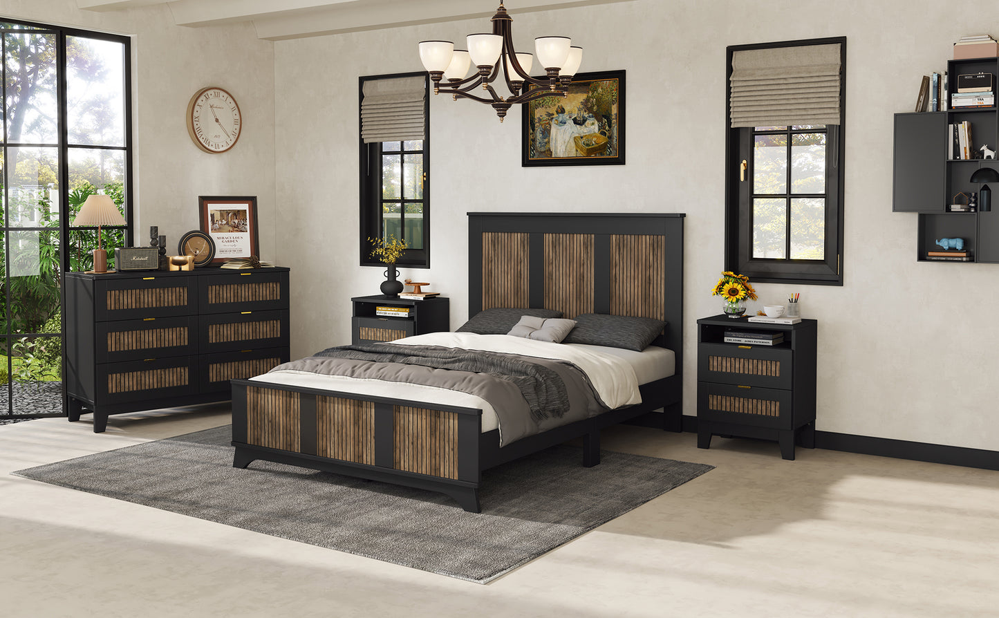 4-Pieces Bedroom Sets, Full Size Farmhouse Platform Bed with Wooden Strip Decoration, Storage Nightstand and Dresser with Metal Handle, Black