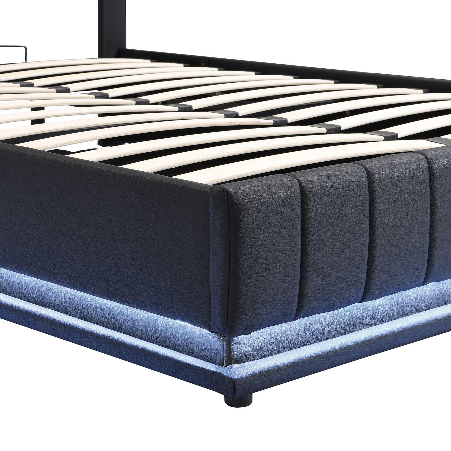 Full Size Upholstered Bed with Hydraulic Storage System and LED Light, Modern Platform Bed with Sockets and USB Ports, Black