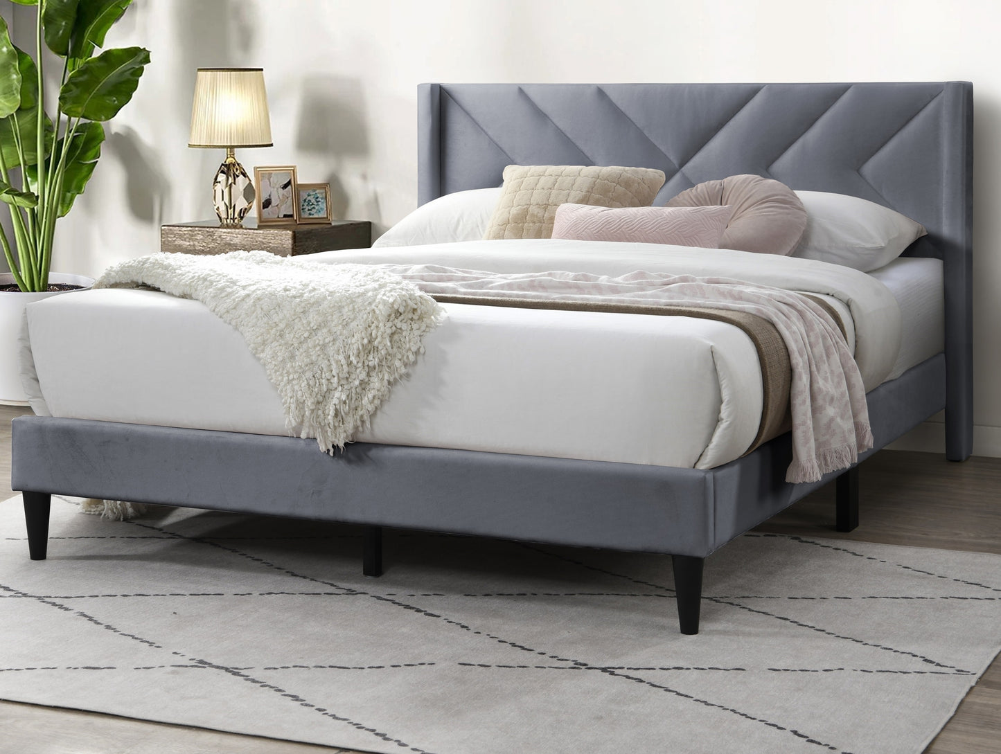 Elegant Modern Gray Velvet Upholstered Queen Size Bed Clean Lines Design Headboard 1pc Bedframe