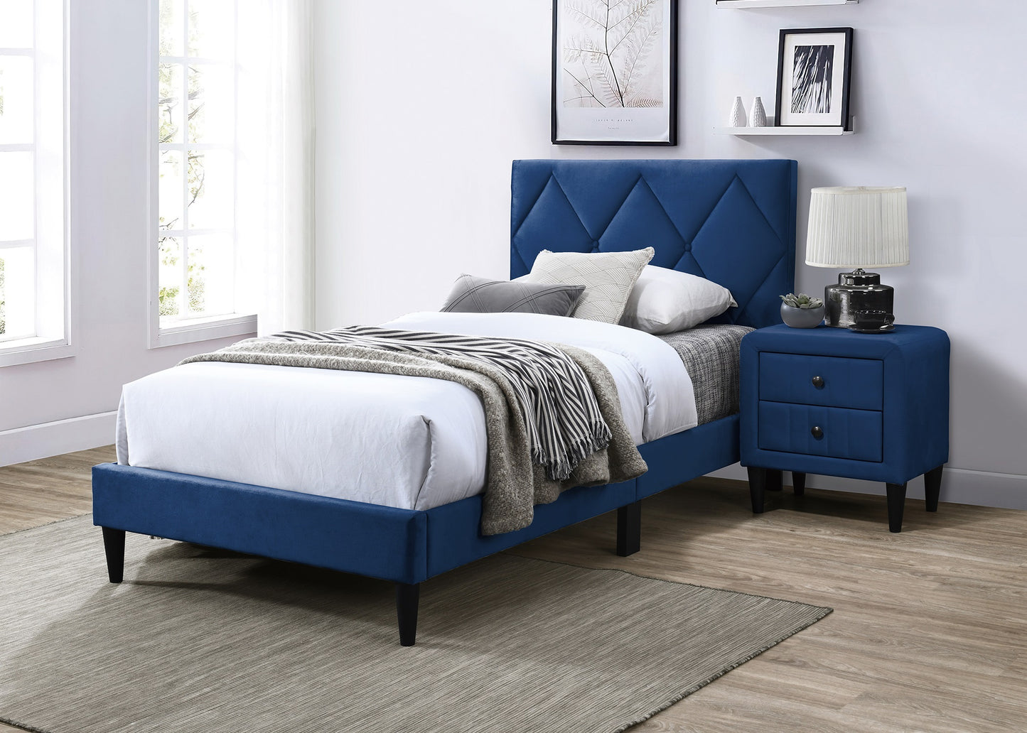 Full Size Bed w Adjustable Headboard 1pc Bedframe, Navy Blue Velvet Upholstered Youth Bedroom Furniture