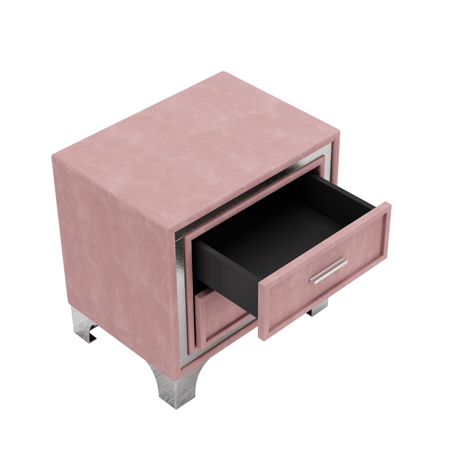 Juego de dormitorio de 3 piezas, cama tamaño queen tapizada con plataforma, luces LED y dos mesitas de noche, color rosa