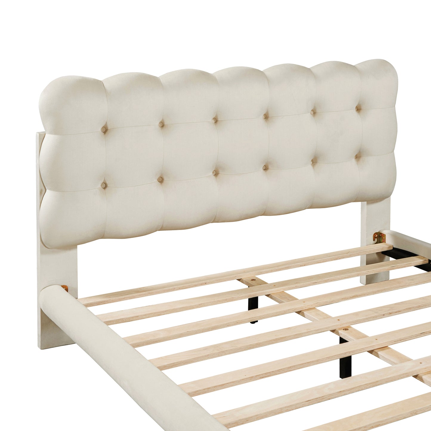 Full Size Velvet Platform Bed with LED Frame, Thick & Soft Fabric and Button-tufted Design Headboard, Beige