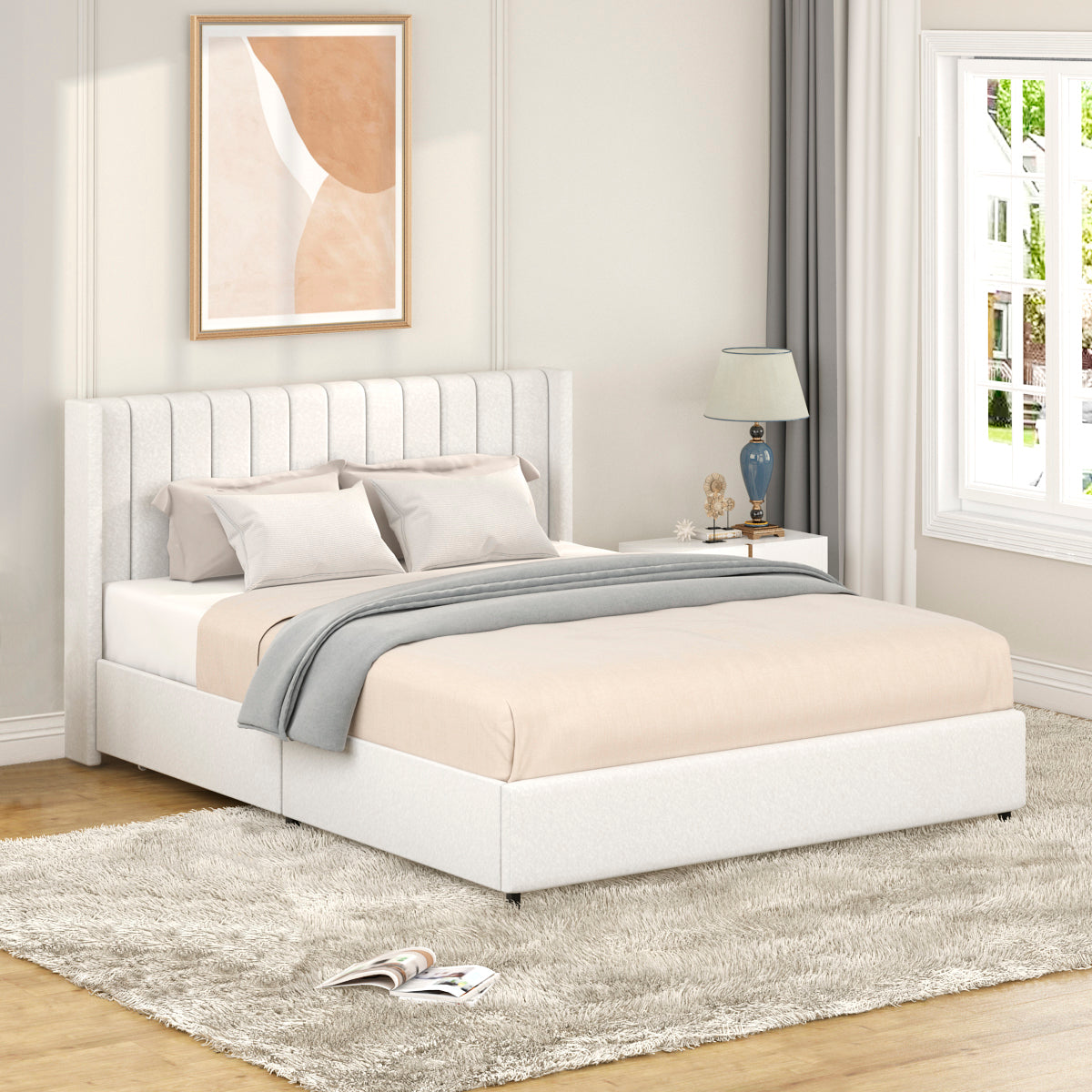 Anda Patented 2-Drawers Storage Bed Queen Size Ivory Boucle Upholstered Platform Bed, Tufted Headboard, Wooden Slat Mattress Support, No Box Spring Needed