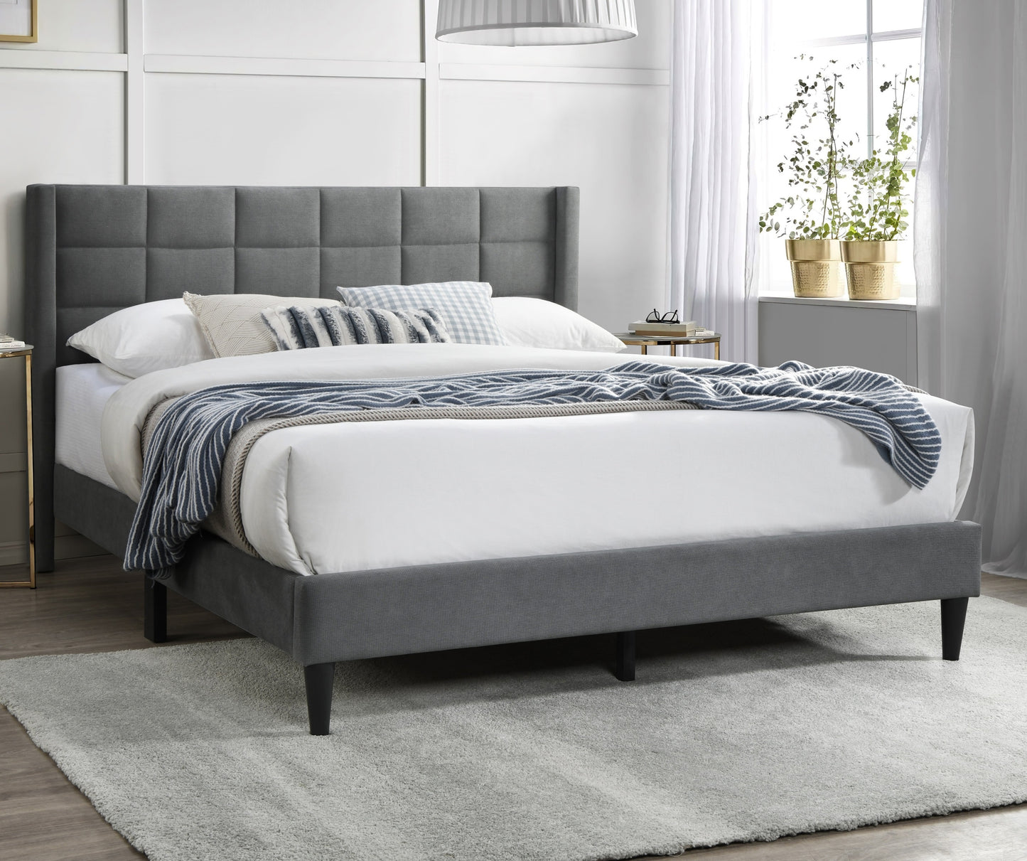 Elegant Modern Gray Brushed Linen 1pc Queen Size Bed Upholstered Box Design Headboard Bedframe