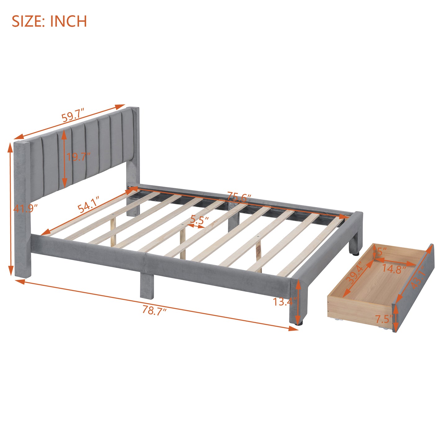 Full Size Storage Bed Velvet Upholstered Platform Bed with a Big Drawer - Gray(old sku:WF296850AAE)