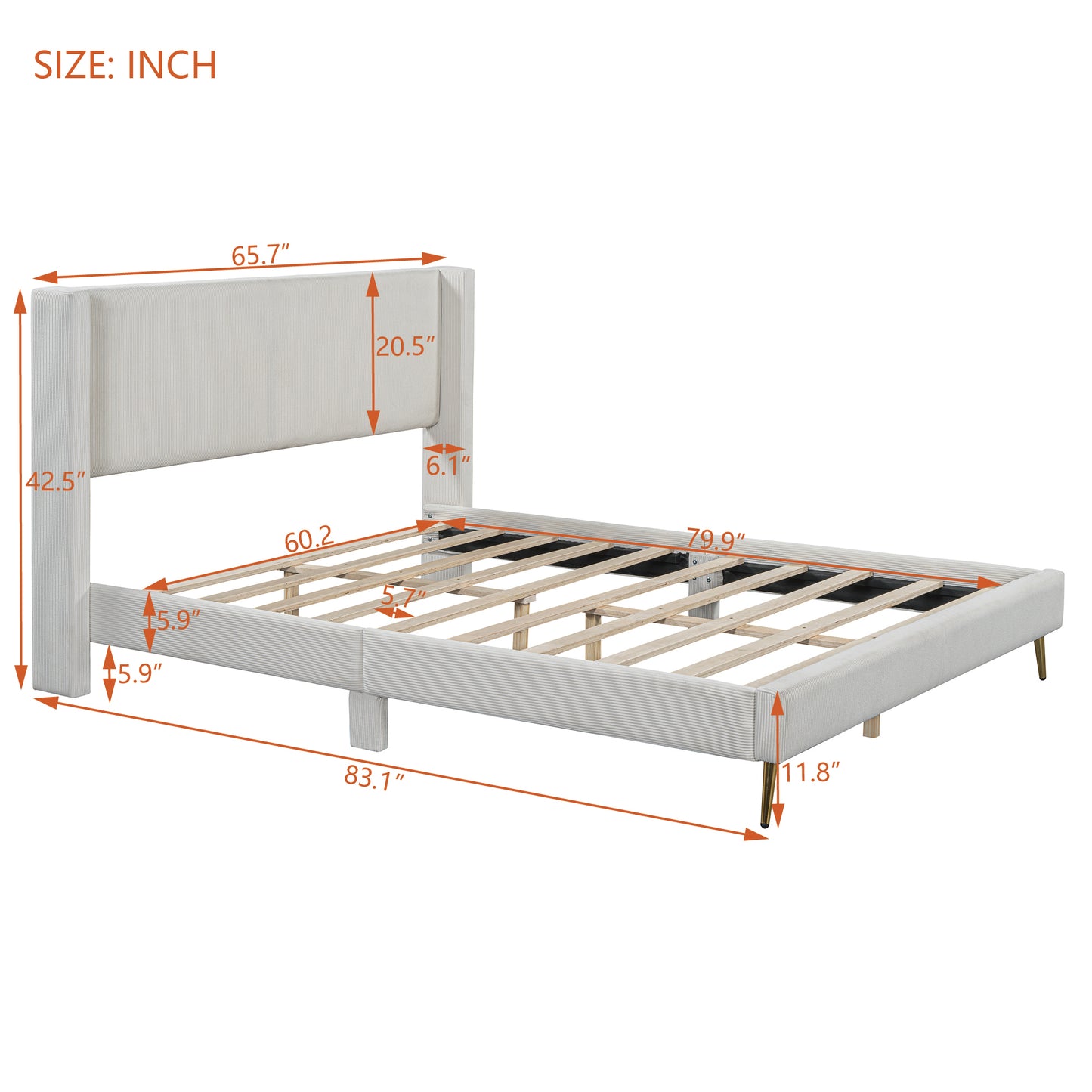 Queen Size Corduroy Platform Bed with Metal Legs, Beige(old sku:WF300238AAA)