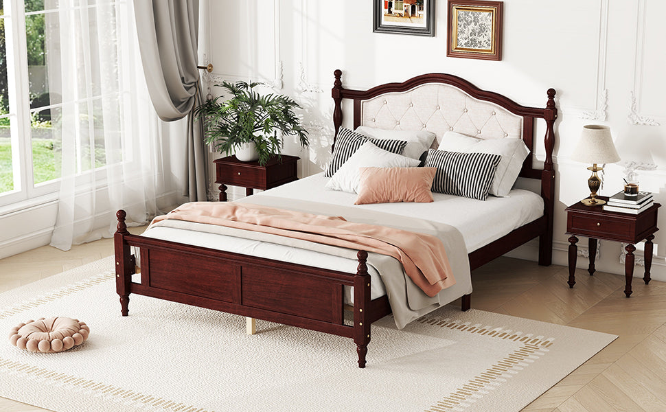 Queen Pine wooden Bed with Upholstered Headboard  and Panel Footboard, with  Two Bed Rail Support Feet and Central Platform Support Feet ,Classic Cherry