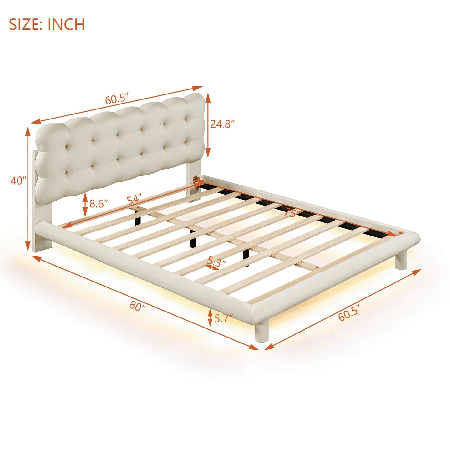 Full Size Velvet Platform Bed with LED Frame, Thick & Soft Fabric and Button-tufted Design Headboard, Beige