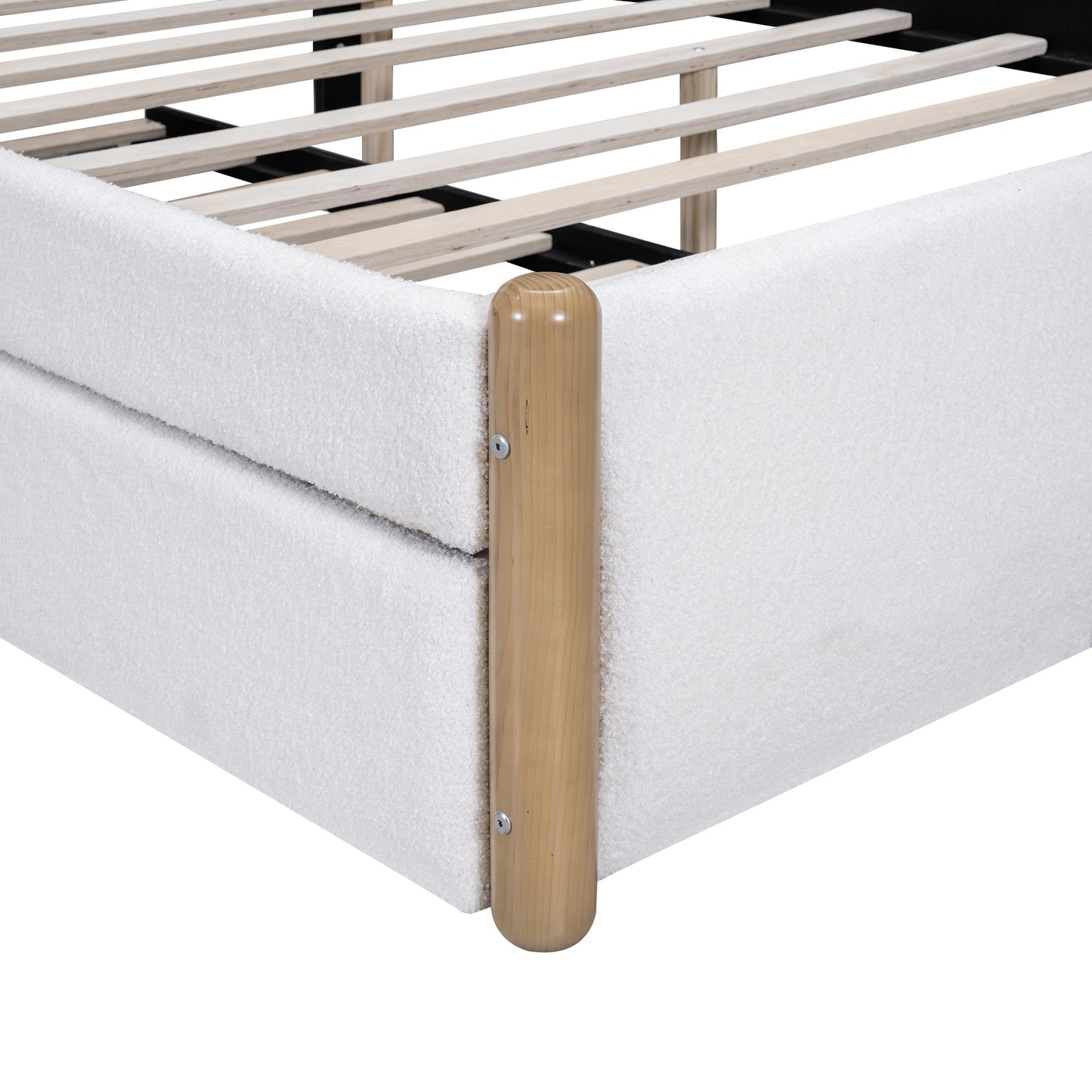 Full Size Upholstered Platform Bed with Wood Supporting Feet and Twin Size Trundle, White