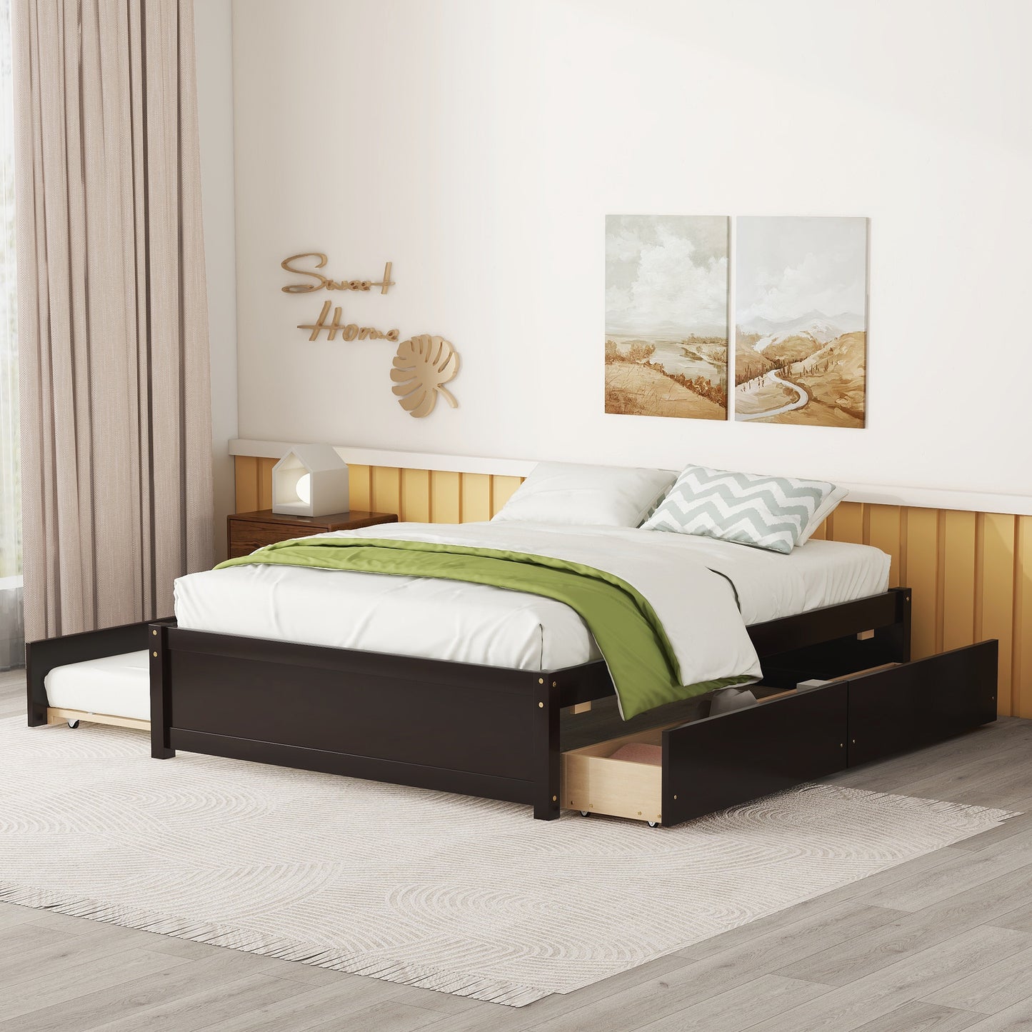 FULL BED WITH TWIN SIZE TRUNDLE AND TWO DRAWERS FOR ESPRESSO COLOR