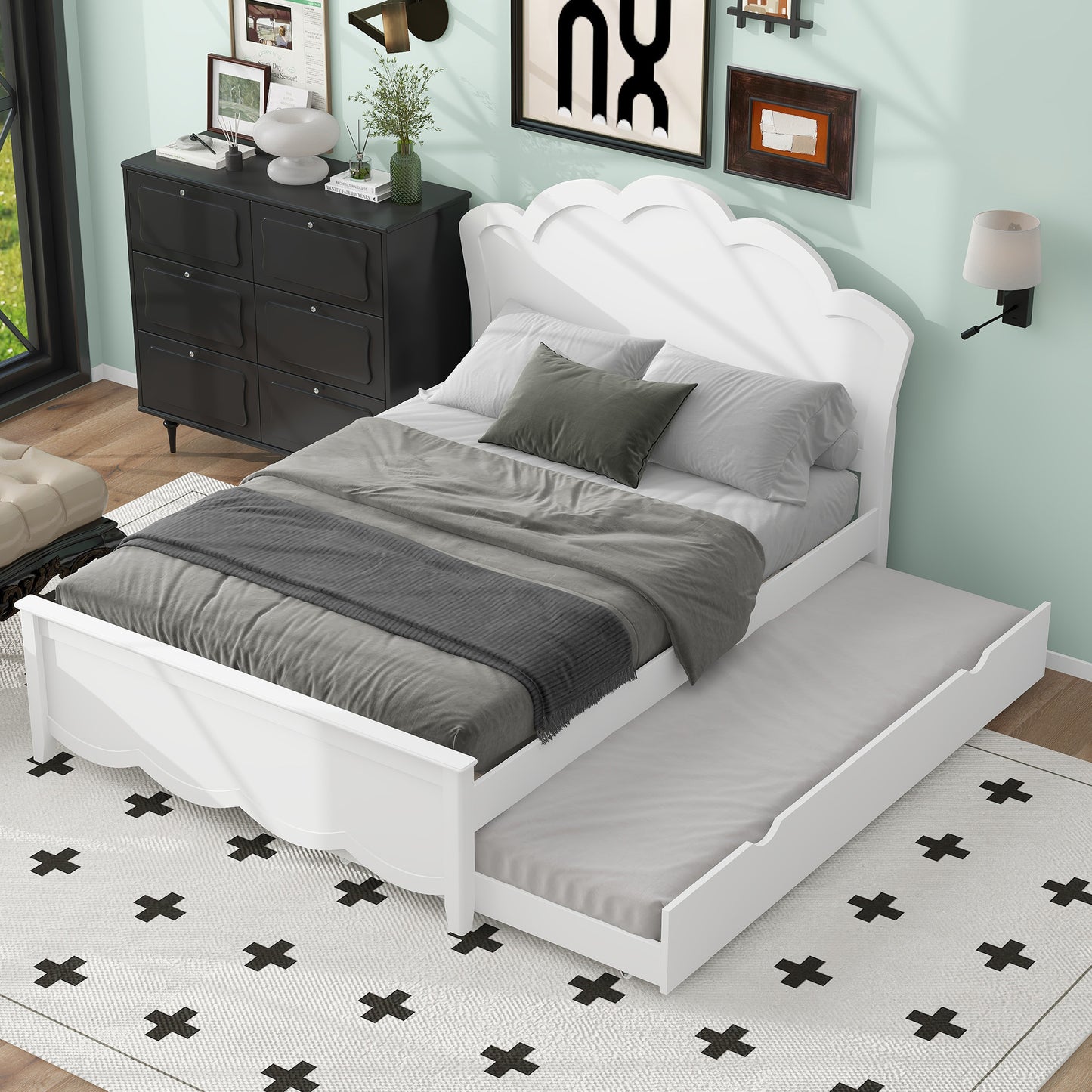 Full Size Wood Platform Bed with Headboard and Twin Size Trundle, White