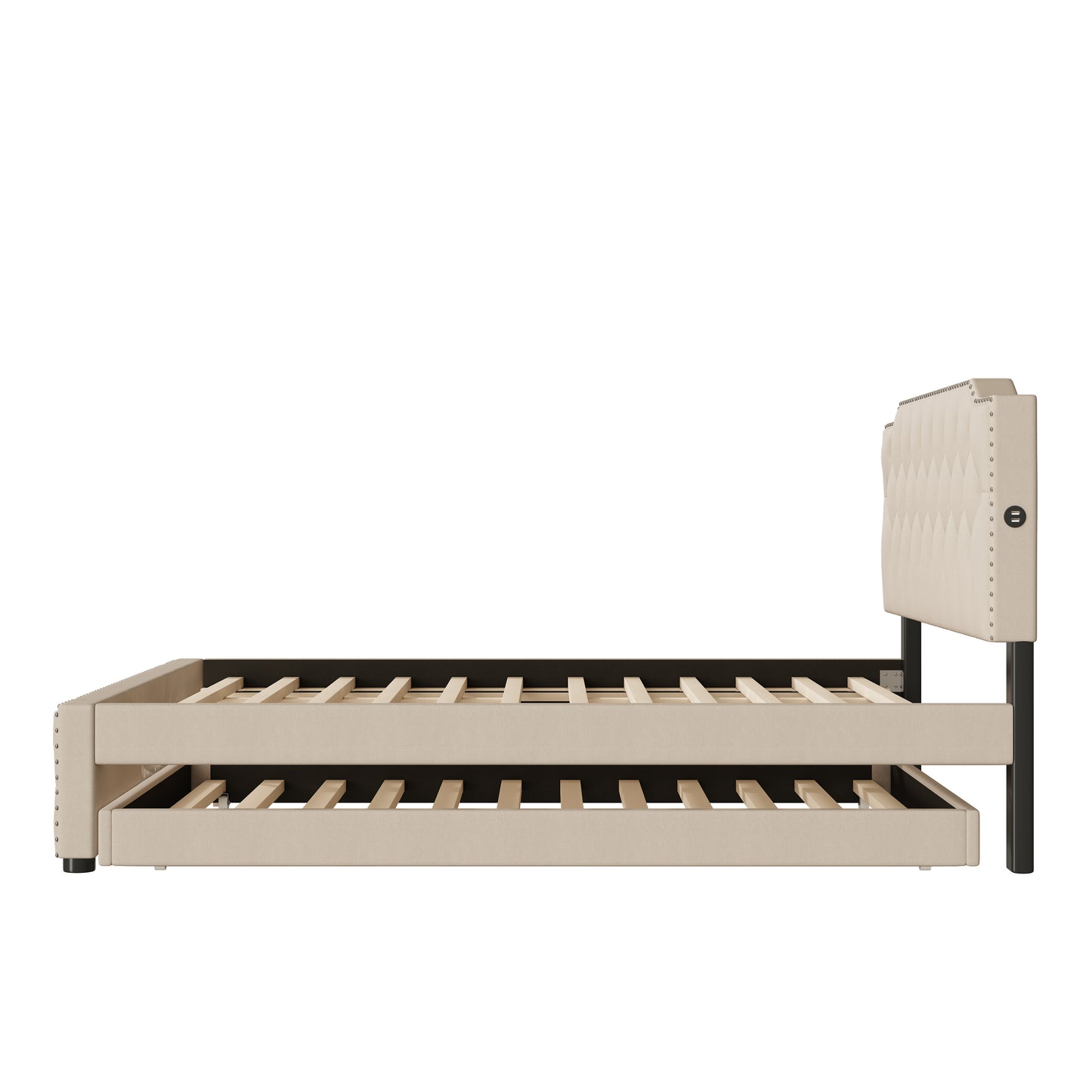 Queen Size Upholstered Platform Bed with Twin Size Trundle and 2 sets of USB Ports on each side, Linen Fabric, Beige