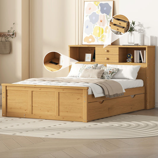 Full Size Wood Pltaform Bed with Twin Size Trundle, 3 Drawers, Upper Shelves and a set of USB Ports & Sockets, Natural