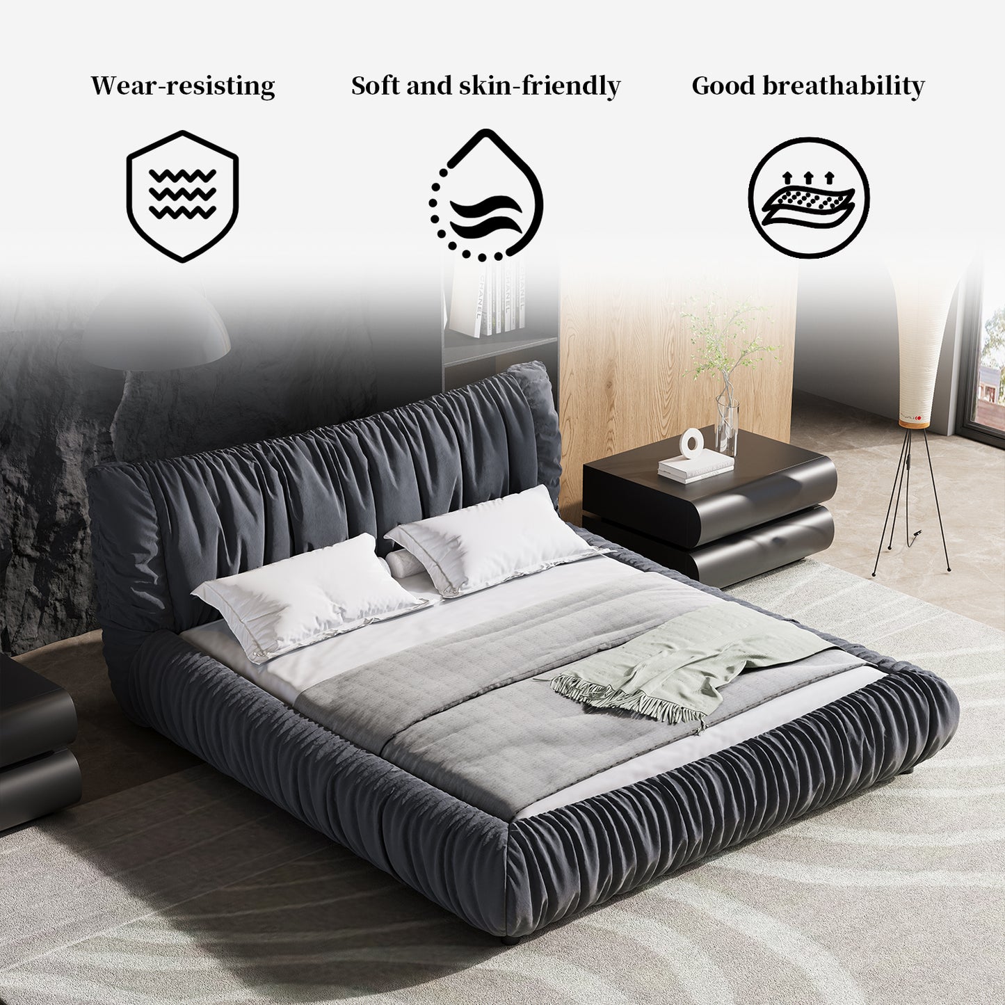 King Size Luxury Upholstered Platform Bed with Removable Cushion and Solid Wood Frame,suitable for Multiple heights of mattresses,DARK GREY