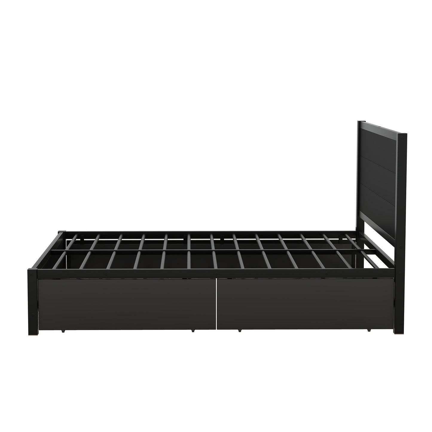 Metal Full Size Storage Platform Bed with Twin Size Trundle and 2 Drawers, Black